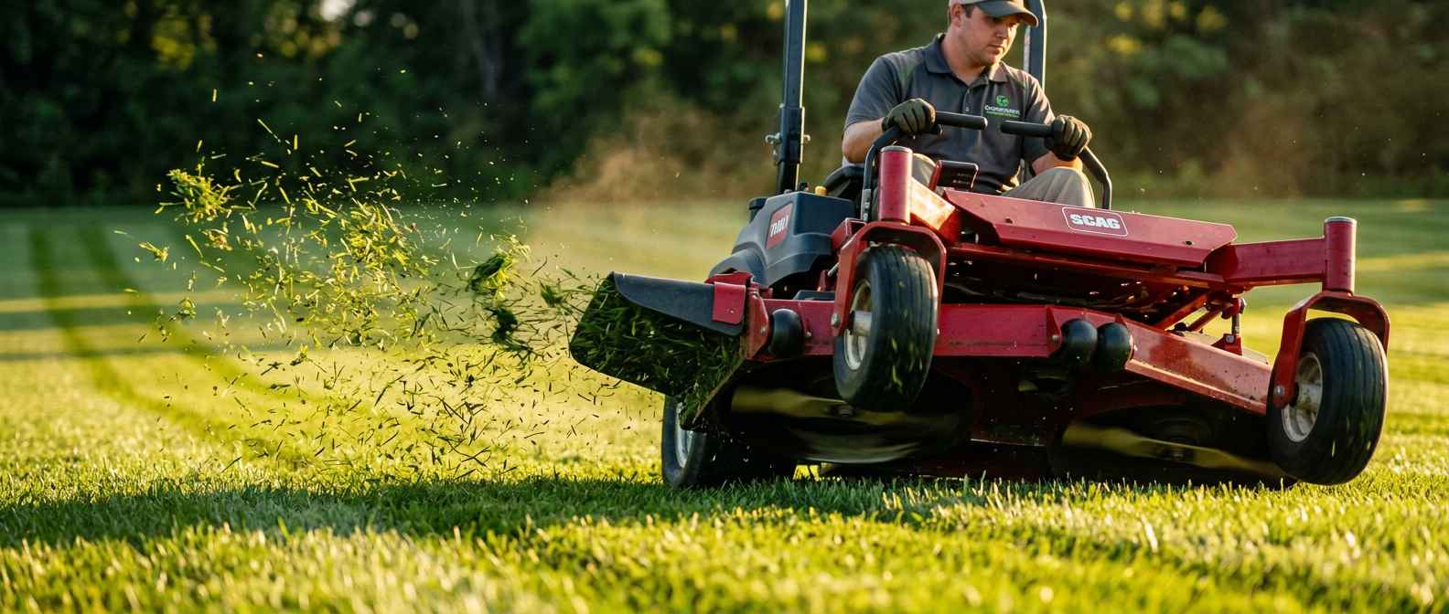 Professional lawn mower cutting crisp stripes across a lush green lawn